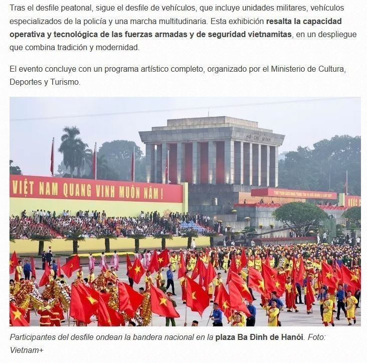 Captura de pantalla del artículo sobre la celebración del 80 aniversario de la Revolución de Agosto y el Día Nacional del 2 de septiembre del pueblo vietnamita. (Fuente: VNA)