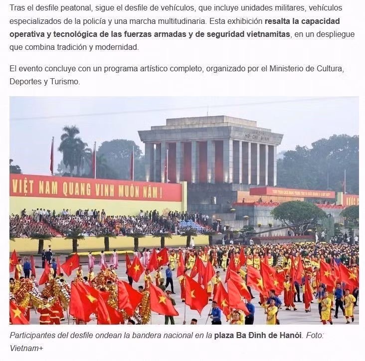 Captura de pantalla del artículo sobre la celebración del 80 aniversario de la Revolución de Agosto y el Día Nacional del 2 de septiembre del pueblo vietnamita. (Fuente: VNA)