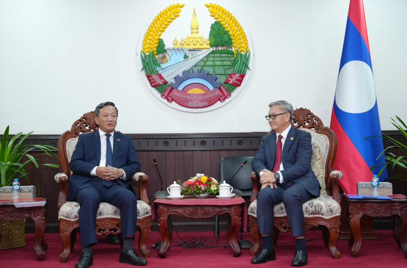 El ministro laosiano de Relaciones Exteriores, Thongsavanh Phomvihane, recibe al embajador de Vietnam en Laos, Nguyen Minh Tam. (Fuente: VNA)