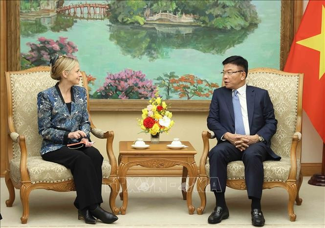 El viceprimer ministro vietnamita Le Thanh Long recibe a la vicepresidenta de Políticas Públicas Globales del grupo Amazon, Susan Pointer. (Fuente: VNA)
