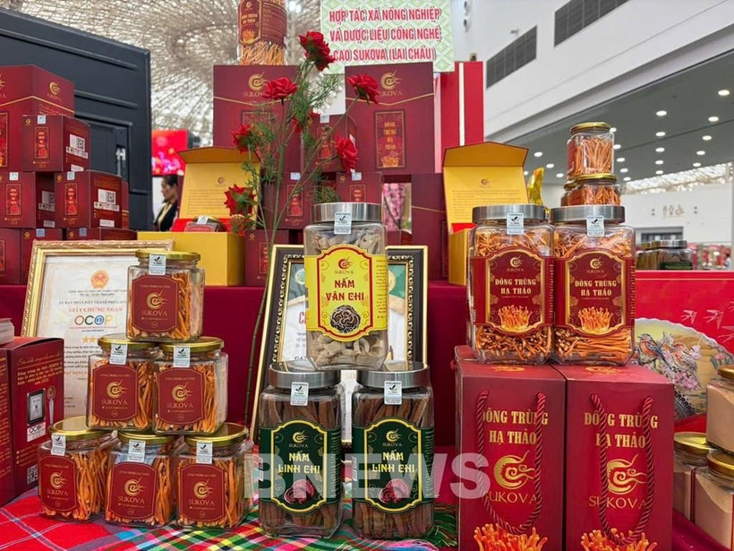 Productos farmacéuticos OCOP de la Cooperativa de Agricultura y Hierbas Medicinales de Alta Tecnología Sukova en la Feria. (Fuente: VNA)