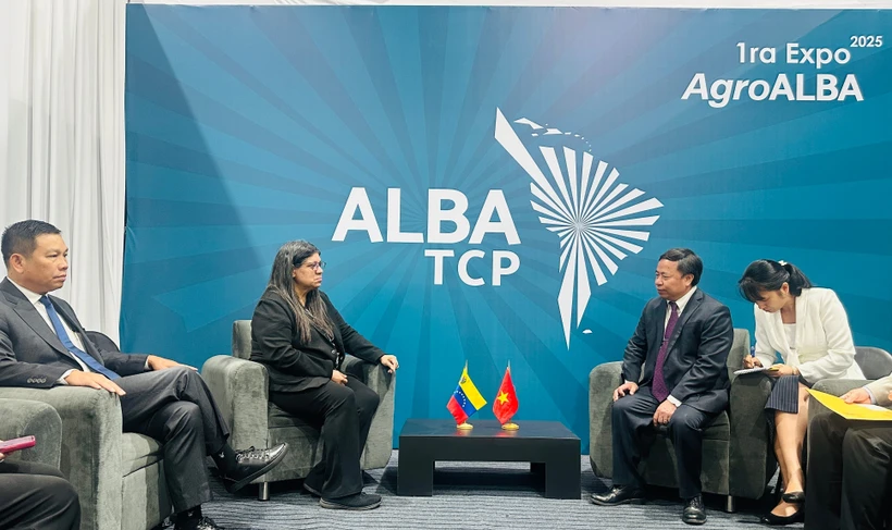Panorama de la reunión entre la viceministra de Relaciones Exteriores de Venezuela, Tatiana Pugh Moreno, y Nguyen Hong Son, director del Instituto de Ciencias Agrícolas de Vietnam. (Fuente: VNA)