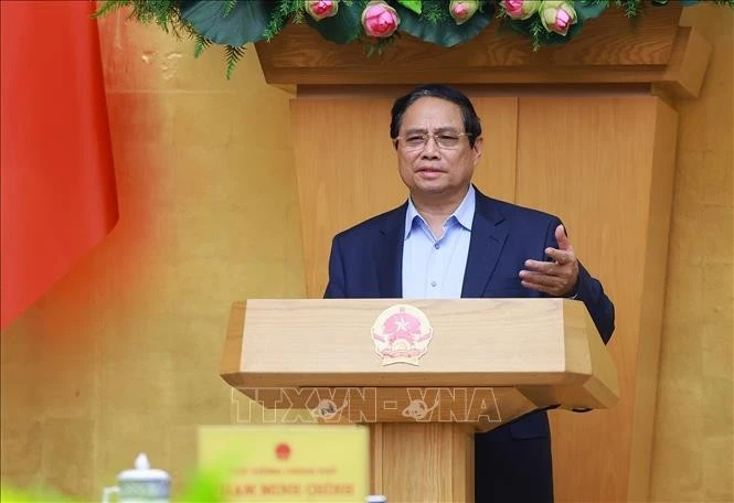 El primer ministro vietnamita, Pham Minh Chinh, habla en el evento. (Fuente: VNA)