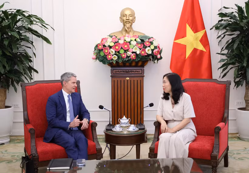La vicecanciller vietnamita Le Thi Thu Hang se reúne con Phil Nelson, vicepresidente ejecutivo del grupo estadounidense CNN. (Fuente: Cancillería)