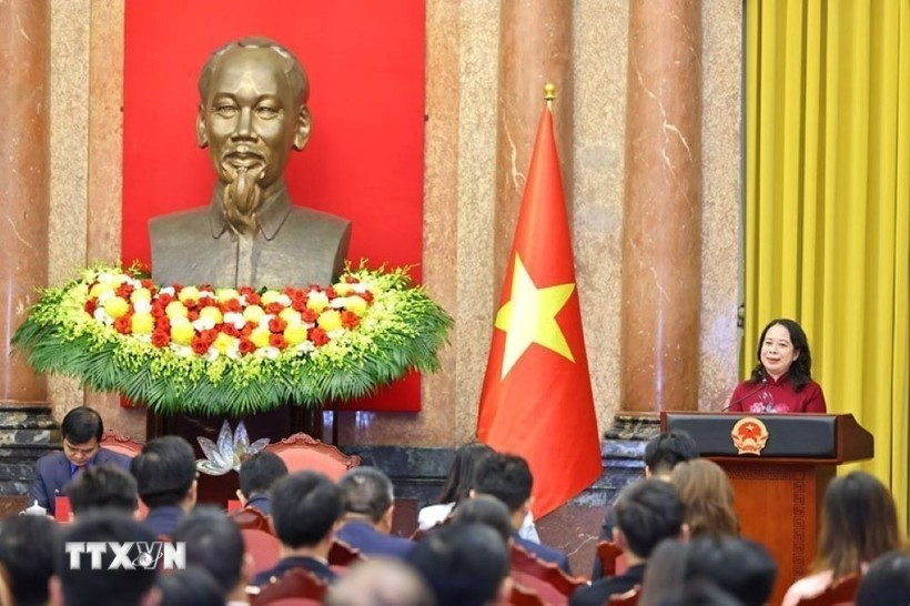 La vicepresidenta de Vietnam, Vo Thi Anh Xuan, habla en el evento. (Fuente: VNA)