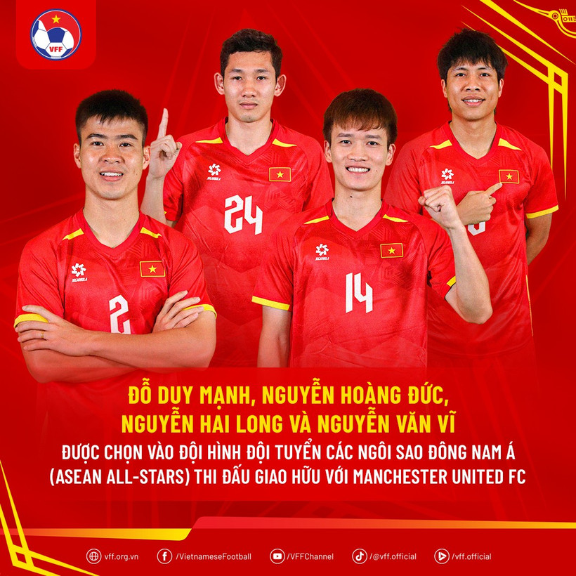 Los futbolistas vietnamitas Do Duy Manh, Nguyen Hoang Duc, Nguyen Hai Long y Nguyen Van Vi seleccionados al equipo de estrellas del Sudeste Asiático. (Fuente: VFF)