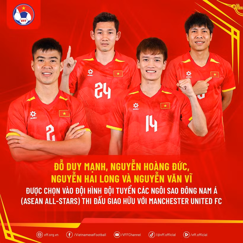 Los futbolistas vietnamitas Do Duy Manh, Nguyen Hoang Duc, Nguyen Hai Long y Nguyen Van Vi seleccionados al equipo de estrellas del Sudeste Asiático. (Fuente: VFF)