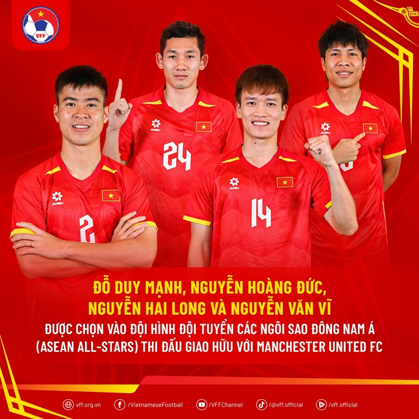 Los futbolistas vietnamitas Do Duy Manh, Nguyen Hoang Duc, Nguyen Hai Long y Nguyen Van Vi seleccionados al equipo de estrellas del Sudeste Asiático. (Fuente: VFF)