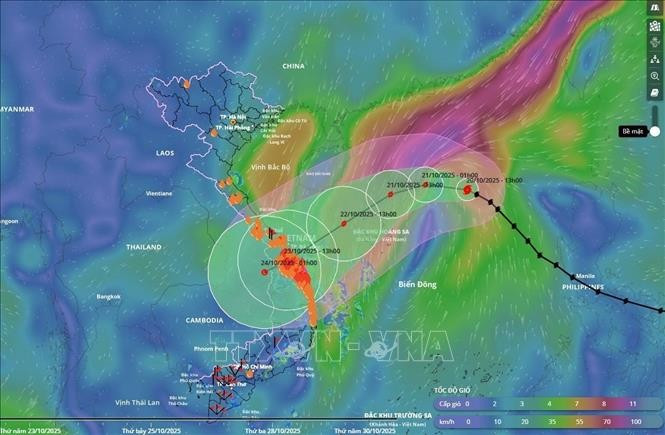 Movimiento de la tormenta Fengshen (a las 17:00 p.m del 20 de octubre). (Foto: VNA)