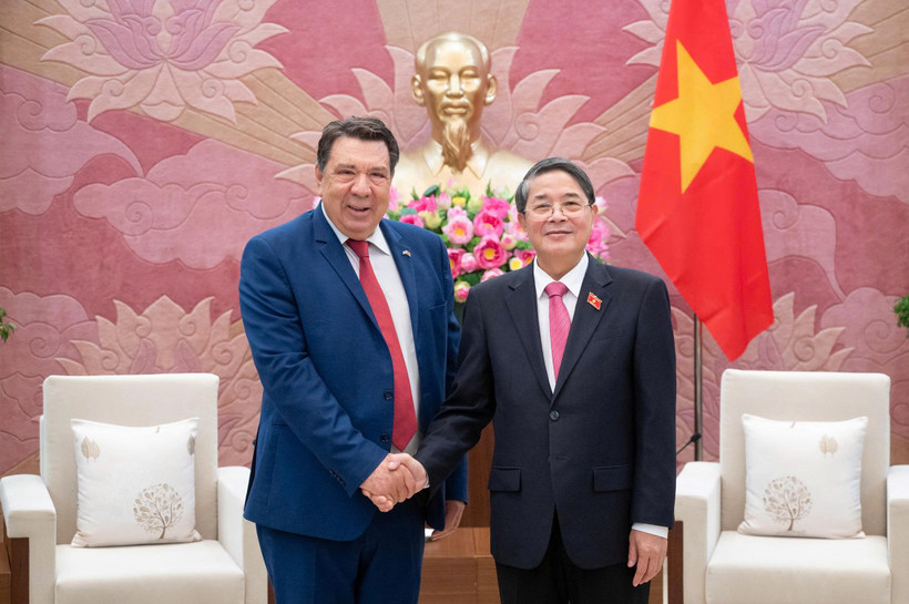 El vicepresidente de la Asamblea Nacional de Vietnam, Nguyen Duc Hai, recibe a Gabriel Petris, cónsul honorario del país indochino en El Pireo (Grecia) y presidente del grupo de energía Aerius. (Fuente: VNA)