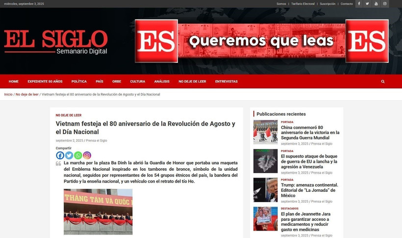 Artículo publicado en el semanario El Siglo, órgano oficial del Partido Comunista de Chile el 3 de septiembre de 2025. (Foto: VNA)