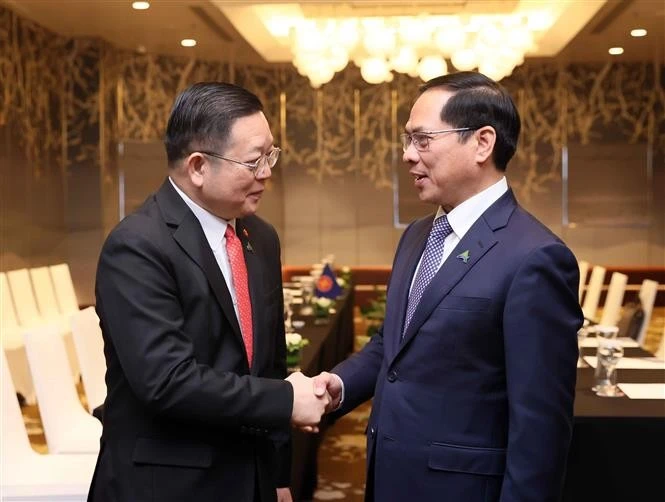 El vicepremier y canciller vietnamita, Bui Thanh Son, se reúne con el secretario general de la ASEAN, Kao Kim Hourn. (Fuente: VNA)