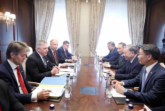 Panorama del encuentro entre el secretario general del Partido Comunista de Vietnam, To Lam, y el primer ministro de Eslovaquia, Robert Fico. (Fuente: VNA)