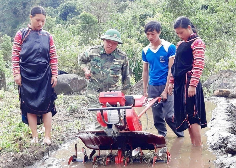 Oficiais e soldados da Guarda Fronteiriça de Lai Chau instruem as pessoas a usar arados para cultivar arroz úmido, resultando em alta eficiência econômica. (Foto: VNA)