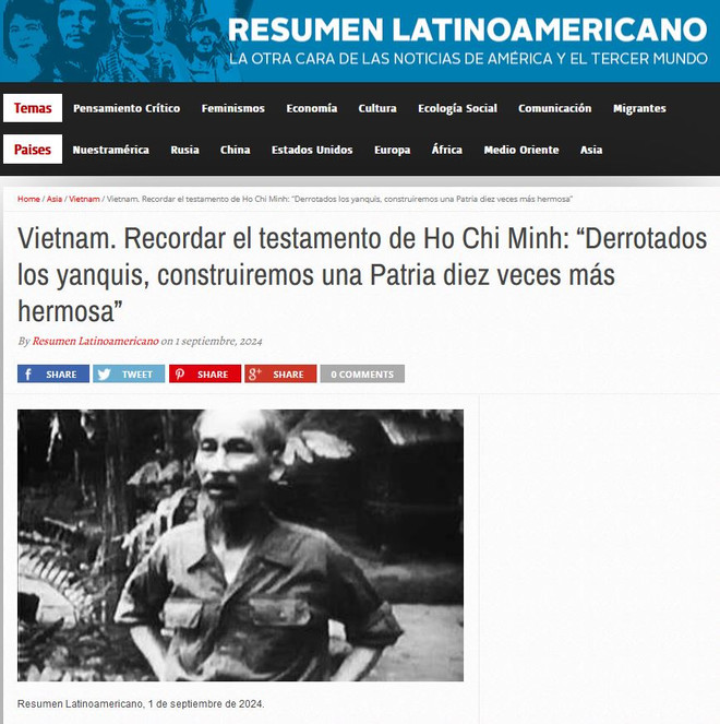 La página web argentina Resumen Latinoamericano publicó varios artículos sobre el presidente Ho Chi Minh, en conmemoración del 55 aniversario de puesta en práctica de su testamento. (Foto: VNA) 2 (12).JPG