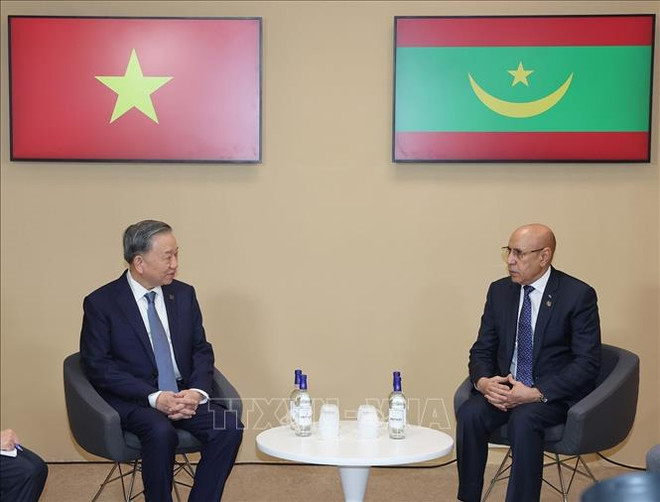 El secretario general del Partido Comunista de Vietnam y presidente de Vietnam, To Lam (en la izquierda), se reunió con el presidente de Mauritania, Mohamed Ould Ghazouani. (Fuente: VNA) hình_ảnh (7).jpg