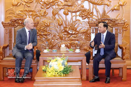 El miembro del Buró Político, secretario del Comité Central del Partido Comunista de Vietnam y jefe de su Comisión de Propaganda, Educación y Movilización de Masas, Trinh Van Quyet (derecha), recibe al embajador canadiense, Jim Nickel. (Foto: VNA)