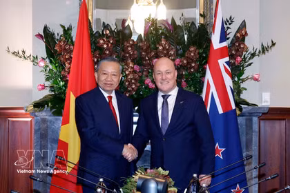 El secretario general del Comité Central del Partido Comunista y presidente de Vietnam, To Lam (izquierda), se reúne con el primer ministro de Nueva Zelanda, Christopher Luxon. (Foto: VNA)