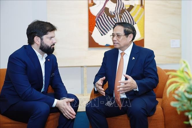El primer ministro Pham Minh Chinh (der.) se reúne con el presidente chileno Gabriel Boric Font en Río de Janeiro (Foto: VNA)