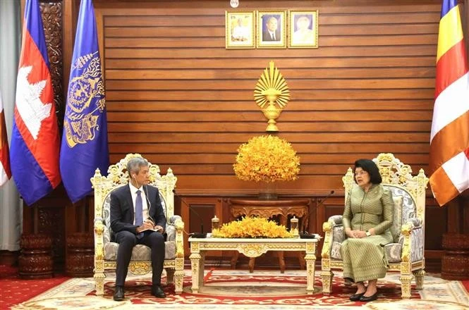 La presidenta de la Asamblea Nacional de Camboya, Samdech Khuon Sudary (derecha), recibe al embajador vietnamita en Camboya, Nguyen Minh Vu (Foto: VNA)