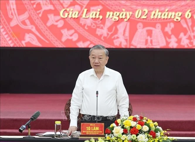 El secretario general del Partido Comunista de Vietnam (PCV), To Lam, interviene en la reunión. (Fuente: VNA)