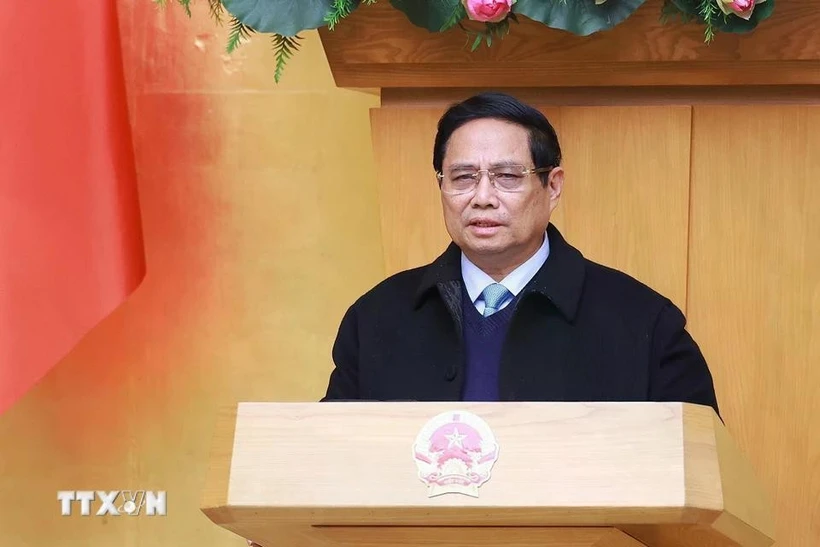 El primer ministro de Vietnam, Pham Minh Chinh, interviene en la conferencia. (Fuente: VNA)