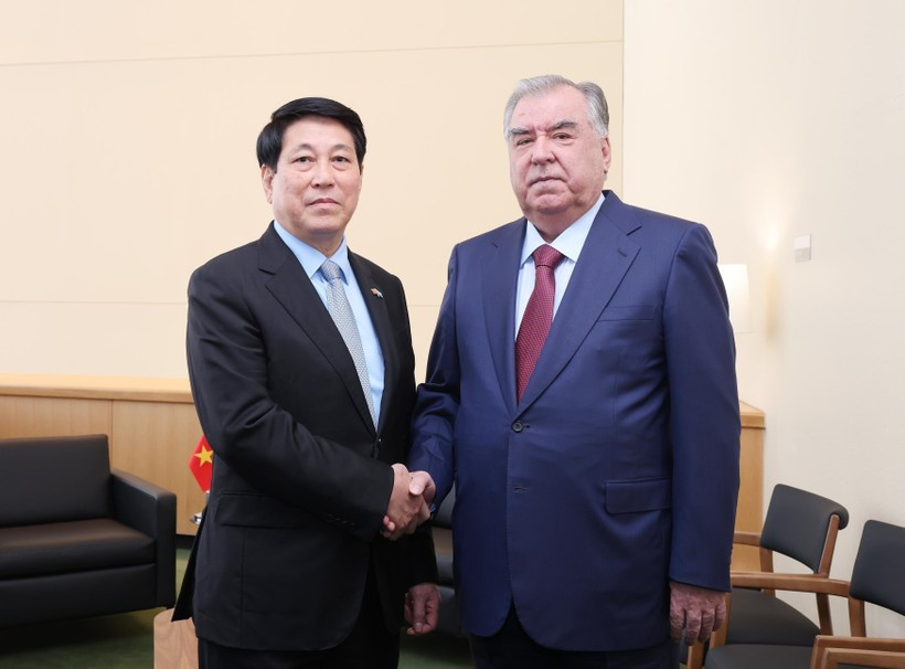 El presidente vietnamita, Luong Cuong (izq.), y su homólogo tayiko, Emomali Rahmon, se reunieron en Nueva York el 22 de septiembre (hora local). (Foto: VNA)