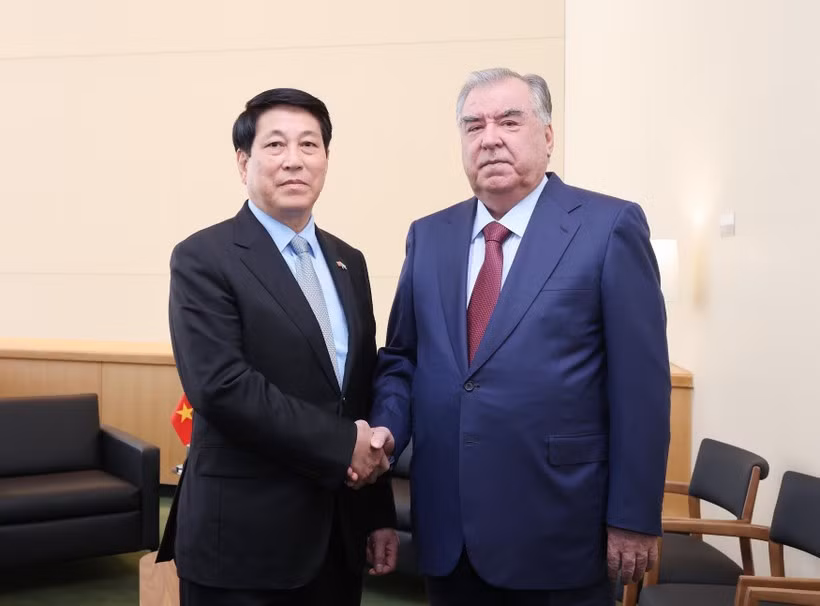 El presidente vietnamita, Luong Cuong (izq.), y su homólogo tayiko, Emomali Rahmon, se reunieron en Nueva York el 22 de septiembre (hora local). (Foto: VNA)