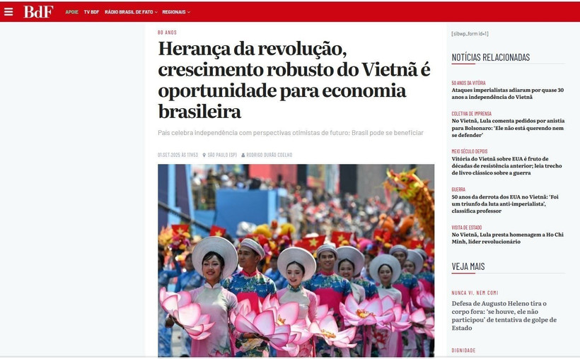 Captura de pantalla de un artículo publicado por el periódico brasileño Brasil de Fato el 2 de septiembre de 2025. (Foto: VNA)