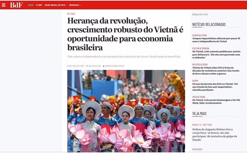 Captura de pantalla de un artículo publicado por el periódico brasileño Brasil de Fato el 2 de septiembre de 2025. (Foto: VNA)