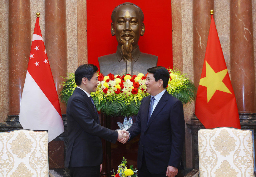 El presidente vietnamita Luong Cuong (derecha) se reunió con el primer ministro singapurense, Lawrence Wong. (Fuente: VNA)