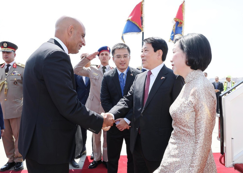 El presidente estatal Luong Cuong (derecha) y su cónyuge Nguyen Thi Minh Nguyet son recibidos por el ministro egipcio de Educación y Educación Técnica, Mohamed Abdel Latif. (Foto: VNA)