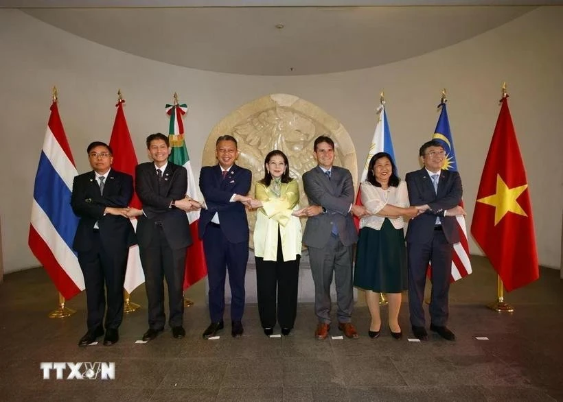 Los embajadores de la ASEAN en México se toman una foto grupal con la subsecretaria de Relaciones Exteriores de México, María Teresa Mercado. (Foto: VNA)