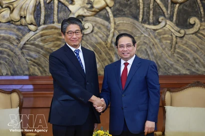 El primer ministro Pham Minh Chinh (derecha) y el embajador de Japón en Vietnam, Ito Naoki. (Foto: VNA)