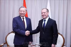 El secretario general del Partido Comunista de Vietnam, To Lam (izq.), se reúne con Dmitry Medvedev, presidente del partido Rusia Unida y vicepresidente del Consejo de Seguridad de Rusia, en Pionyang el 10 de octubre. (Foto: VNA)