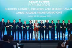 El primer ministro Pham Minh Chinh (sexto, a la derecha) y los jefes de las delegaciones que asisten al Foro del Futuro de la ASEAN 2025 posan para una foto grupal. (Foto: VNA)