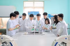 Un profesor orienta a los estudiantes sobre cómo diagnosticar enfermedades en animales acuáticos. (Foto: VNA)