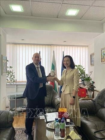 El presidente de la Cámara de Comercio e Industria de Bulgaria (BCCI), Tsvetan Simeonov y la embajadora Nguyen Thi Minh Nguyet (Fuente: VNA) u-co-hoi-moi-ve-thuong-mai-dau-tu-cho-doanh-nghiep-viet-nam-stand.jpg