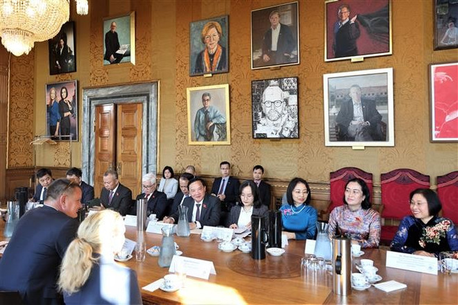 Sesión de trabajo entre la delegación vietnamita y el alcalde de Copenhague, Lars Weiss (Foto: VNA) vna-potal-pho-chu-tich-quoc-hoi-nguyen-khac-dinh-tham-lam-viec-tai-dan-mach-8274176.jpg