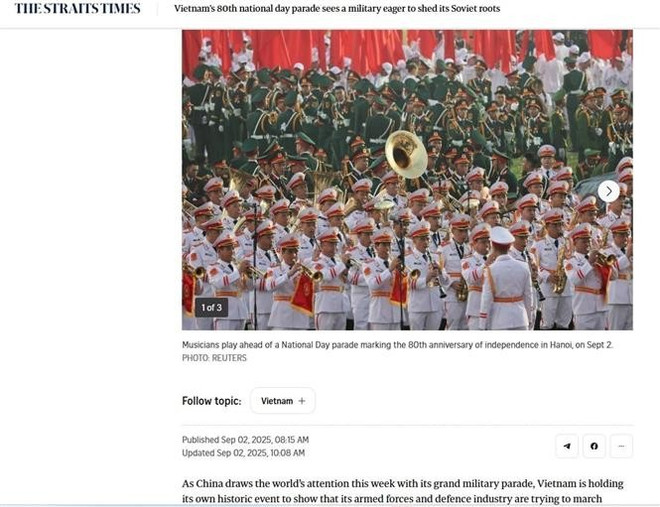 El artículo publicado en The Straits Times (Fuente: VNA) vna-potal-bao-chi-quoc-te-dua-tin-dam-net-ve-le-ky-niem-dieu-binh-dieu-hanh-80-nam-quoc-khanh-29-8252025.jpg