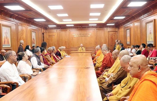 En la recepción (Fuente: VNA) vna-potal-hoa-thuong-phap-chu-giao-hoi-phat-giao-viet-nam-tiep-truong-cac-doan-phat-giao-du-dai-le-vesak-2025-8014117.jpg