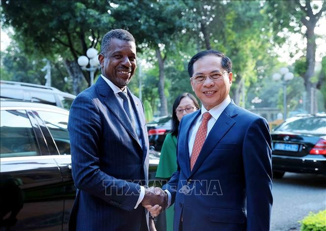 El viceprimer ministro y titular de Relaciones Exteriores de Vietnam, Bui Thanh Son (derecha) y el ministro de Relaciones Exteriores, Comercio Exterior, Comercio y Energía de la Mancomunidad de Dominica, Vince Henderson (Fuente: VNA) uuid3d70f5319a-0278-4f13-be9e-690f3842575f26code3d00126library3d126type3d126mode3d126loc3dtrue26cap3dtrue.jpg