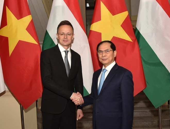 El viceprimer ministro y ministro de Relaciones Exteriores de Vietnam, Bui Thanh Son (derecha), y el ministro de Asuntos Exteriores y Comercio Exterior de Hungría, Peter Szijjarto (Fuente: VNA) vna-potal-pho-thu-tuong-bo-truong-ngoai-giao-hoi-dam-voi-bo-truong-ngoai-giao-va-kinh-te-doi-ngoai-hungary-7921204.jpg