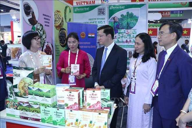 El embajador de Vietnam en India, Nguyen Thanh Hai, visita los stands. Foto: VNA hoi-cho-thuc-pham-an-do-2025-1-1.jpg