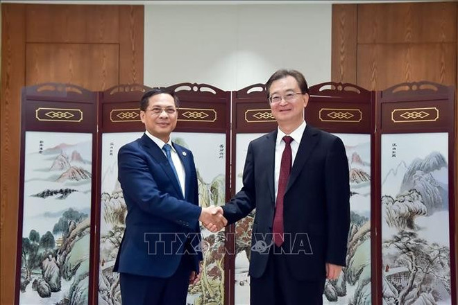 El vicepremier y canciller de Vietnam, Bui Thanh Son, (izquierda) y secretario del Comité del Partido de Yunnan, Wang Ning (Fuente: VNA) 3-1.jpg