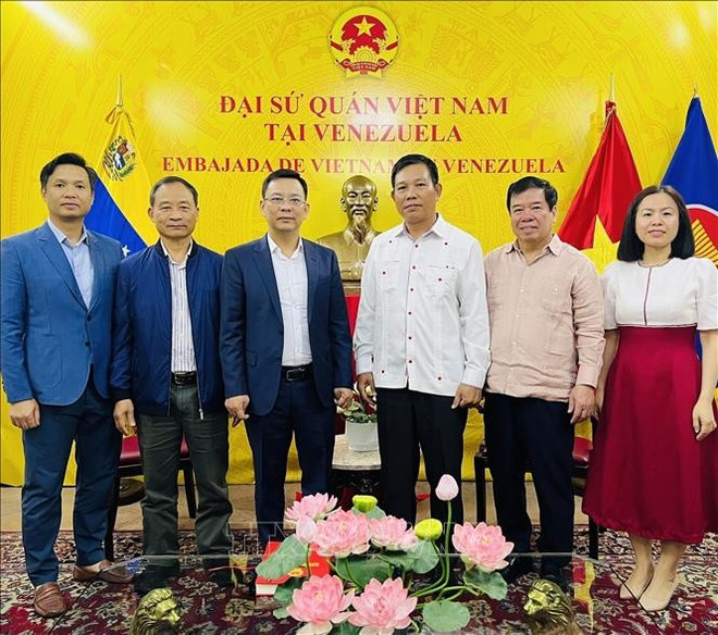 La delegación de VUFO se toma una foto con representantes de la Embajada de Vietnam en Venezuela (Fuente: VNA) vna-potal-viet-nam-e28093-venezuela-tang-cuong-doi-ngoai-nhan-dan-stand-1.jpg