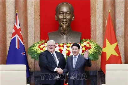 El presidente de Vietnam, Luong Cuong (derecha), recibe al titular de la Cámara de Representantes (Parlamento) de Nueva Zelanda, Gerry Brownlee. (Foto: VNA)
