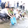 Tras la ceremonia, las autoridades y la población liberan peces en el lago Con Son, en el sitio declarado Patrimonio de la Humanidad Con Son-Kiet Bac, en el barrio de Tran Hung Dao, ciudad de Hai Phong. (Foto: VNA)