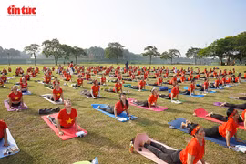 Más de mil instructores, practicantes y entusiastas del yoga se reúnen en el Parque Yen So, en Hanoi (Foto: VNA)