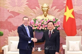 El vicepresidente de la Asamblea Nacional de Vietnam Nguyen Khac Dinh (derecha) recibe a Márcio Honaiser, presidente del Grupo Parlamentario de Amistad Brasil-Vietnam (Foto: VNA)